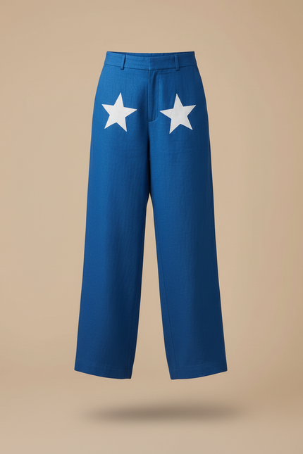 Pantalon Baggy Bleu Étoiles Ample Lin Décontracté - vue 3