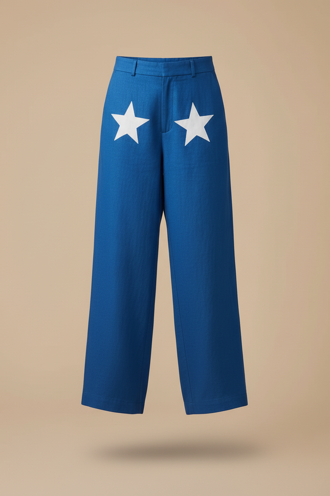 Pantalon Baggy Bleu Étoiles Ample Lin Décontracté - vue 3