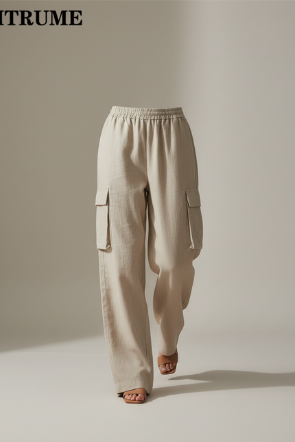 Pantalon Baggy Beige Lin Ample Cargo Taille Élastique Femme - vue 3