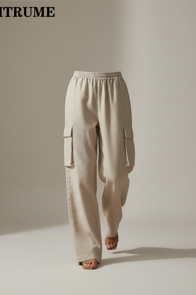 Pantalon Baggy Beige Lin Ample Cargo Taille Élastique Femme - vue 3