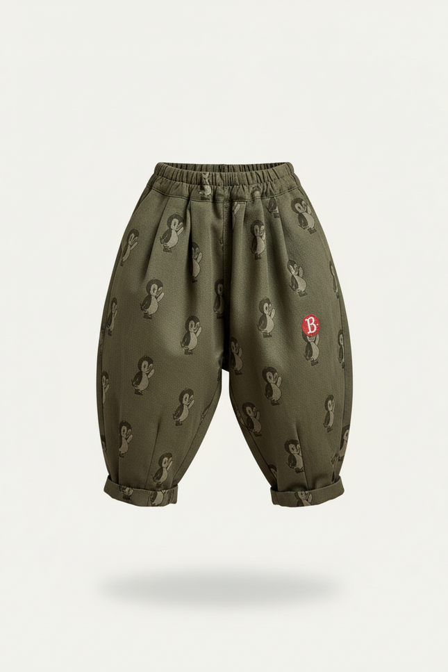 Pantalon Baggy Vert Ample Motif Pingouin Confortable - Kaki Molleton - vue 3