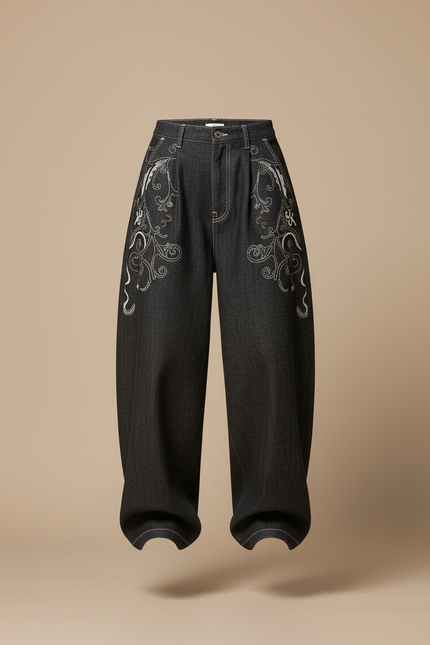 Pantalon Baggy Noir Brodé Ample Denim Femme - Jean - vue 3