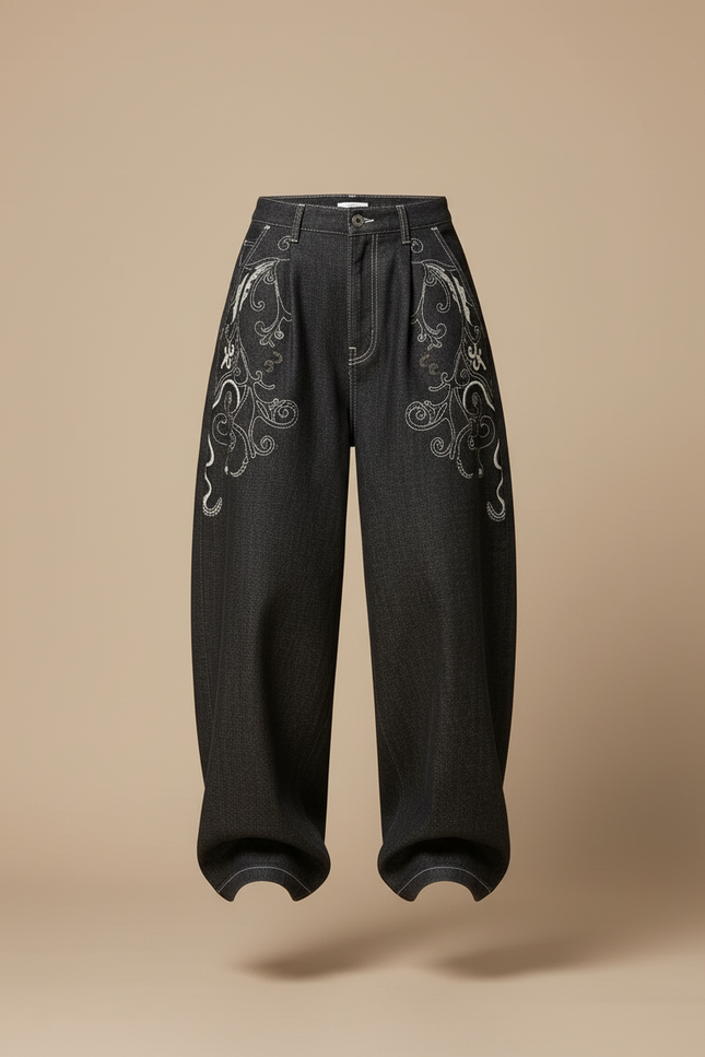 Pantalon Baggy Noir Brodé Ample Denim Femme - Jean - vue 3