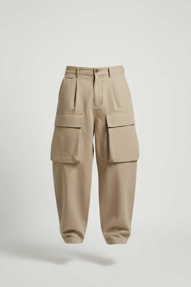 Pantalon Baggy Beige Ample Cargo Plissé Homme - Toile - vue 3