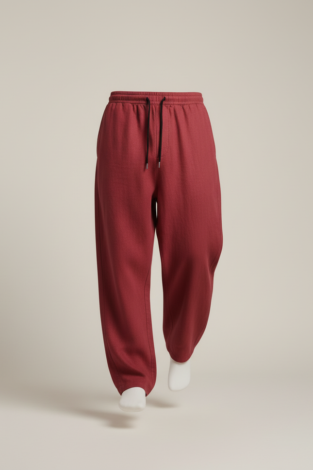 Pantalon Baggy Rouge Brique Ample Droit Lin Cordon - Bordeaux - vue 3