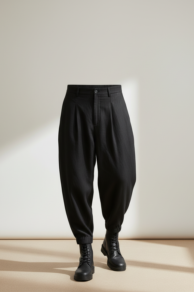Pantalon Baggy Noir Lin Ample Plissé Homme Décontracté - vue 3