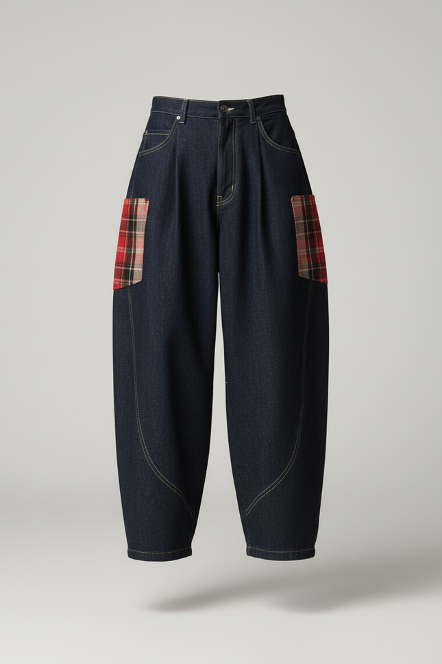 Pantalon Baggy Denim Large Plaid Décontracté Homme - Marine Jean - vue 3