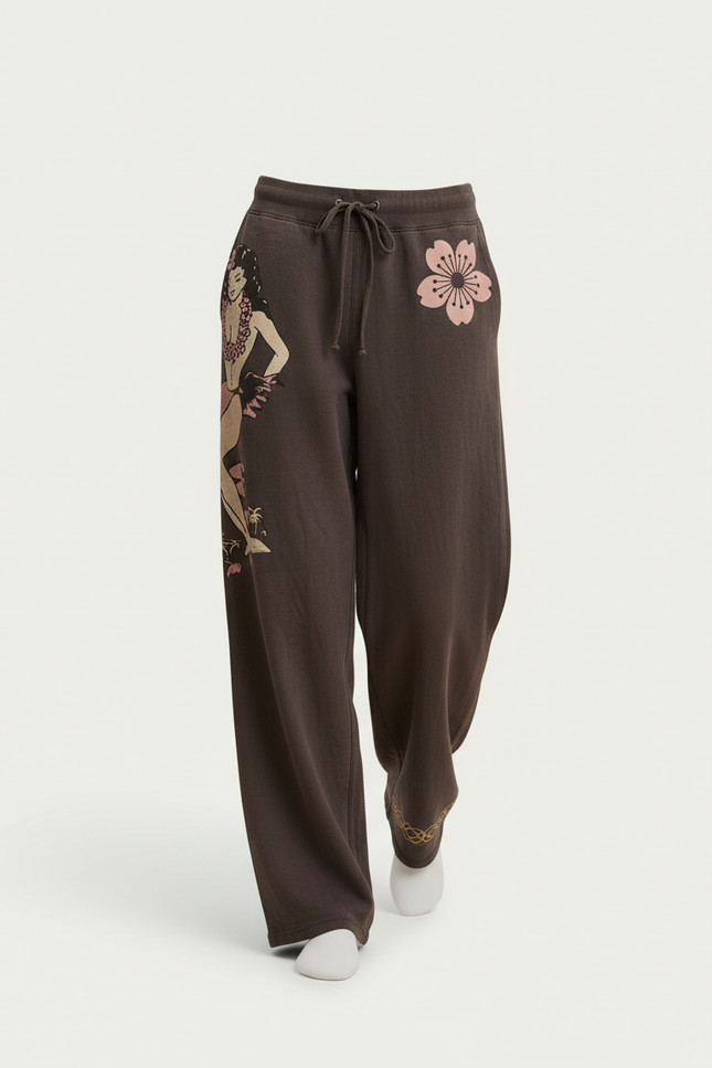 Pantalon Baggy Marron Ample Imprimé Fleur Décontracté - Molleton - vue 3