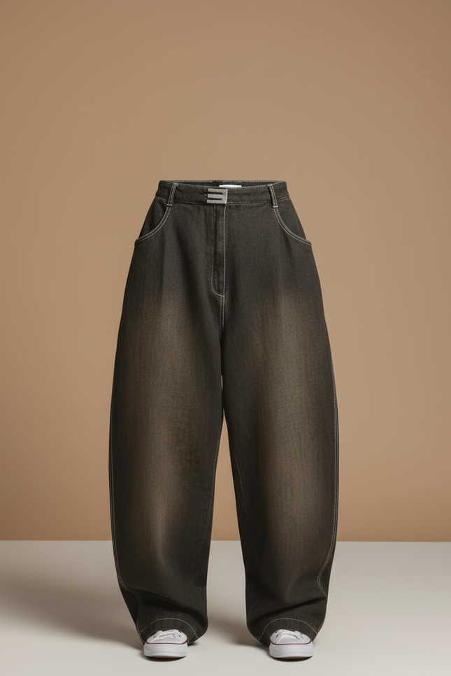 Pantalon Baggy Gris Délavé Ample Denim Streetwear Femme - Jean - vue 3