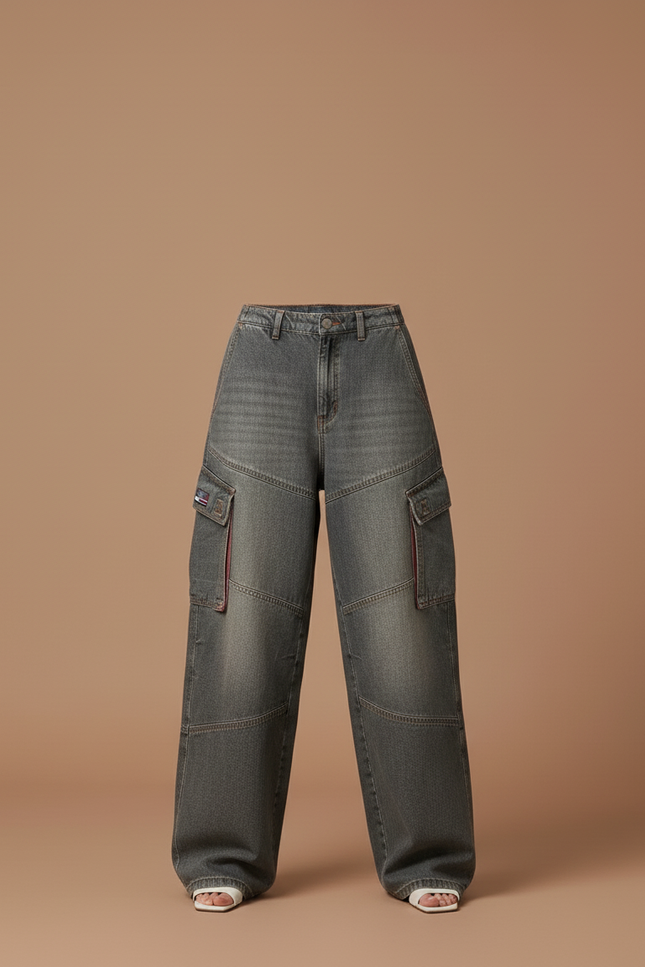 Pantalon Baggy Gris Denim Cargo Ample Femme - Jean - vue 3