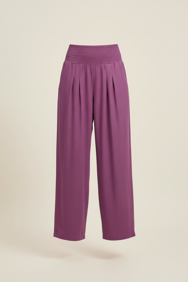 Pantalon Baggy Violet Ample Plissé Fluide Smocké - Lin - vue 3