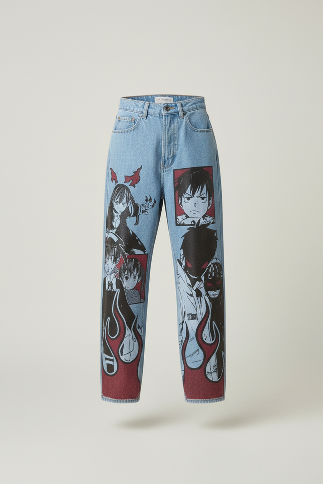 Pantalon Baggy Denim Imprimé Anime Harajuku Unisexe - Bleu Jean - vue 3