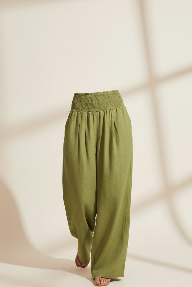 Pantalon Baggy Vert Lin Ample Smocké Décontracté - vue 3