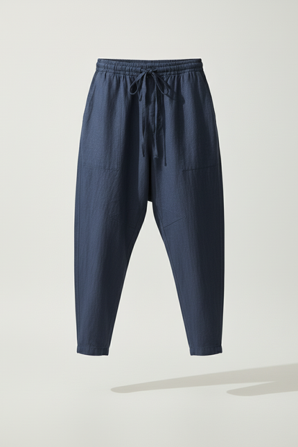 Pantalon Baggy Bleu Marine Cordon Ample Lin Décontracté Homme - vue 3