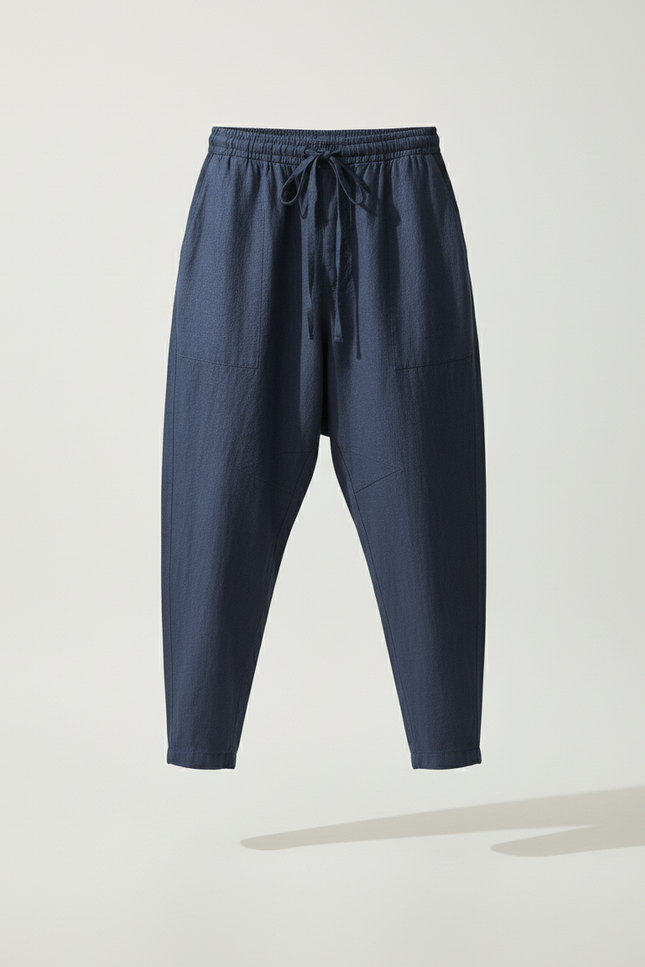 Pantalon Baggy Bleu Marine Cordon Ample Lin Décontracté Homme - vue 3