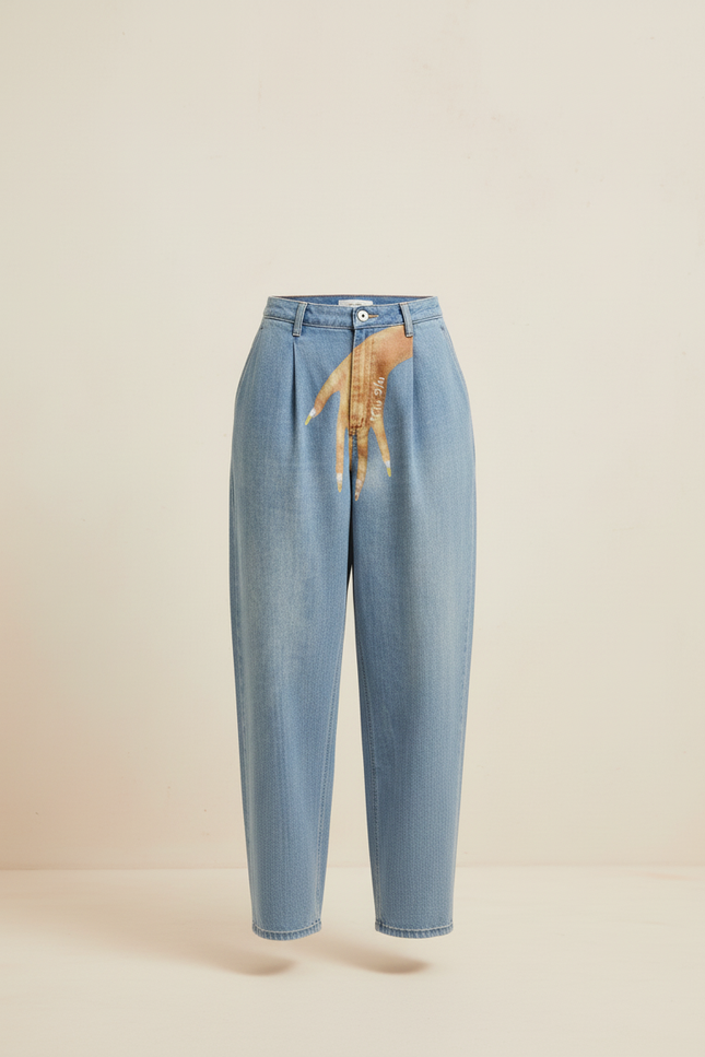 Pantalon Baggy Denim Clair Ample Imprimé Main Femme - Bleu Jean - vue 3
