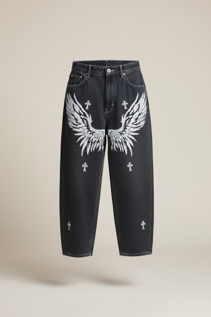 Pantalon Baggy Gris Délavé Ample Ailes Croix - Jean - vue 3