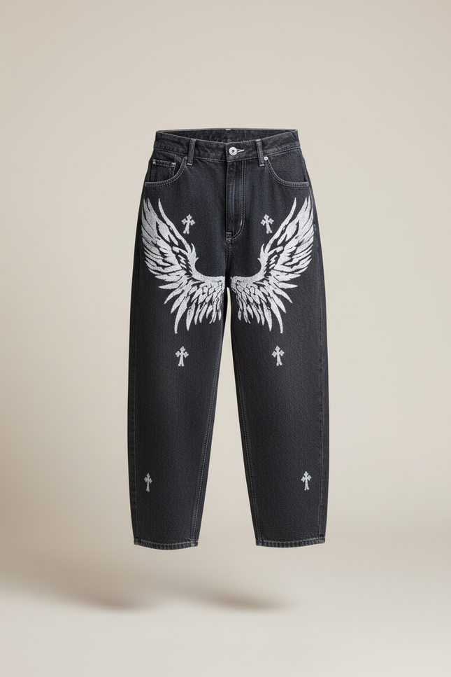 Pantalon Baggy Gris Délavé Ample Ailes Croix - Jean - vue 3