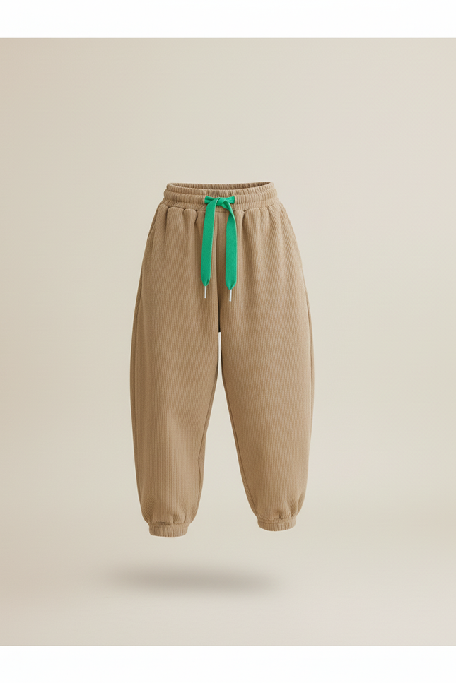 Pantalon Baggy Côtelé Beige Ample Décontracté Enfant Cordon Vert - Cordé - vue 3