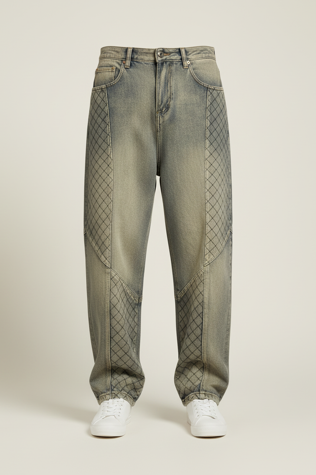 Pantalon Baggy Denim Décontracté Imprimé Losanges Homme - Kaki Jean - vue 3