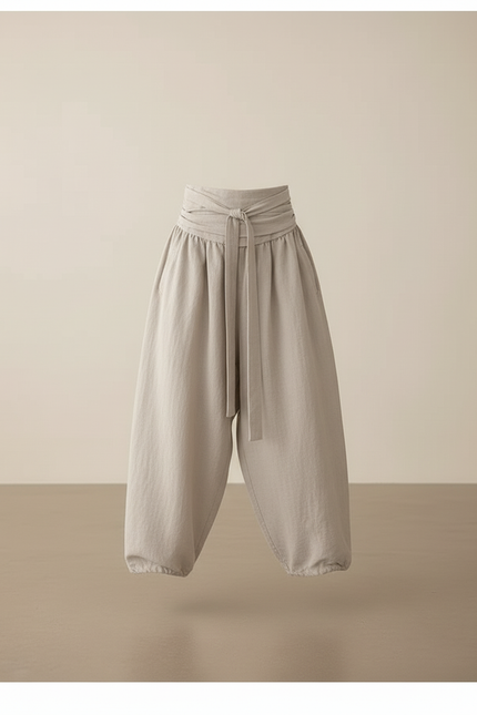 Pantalon Baggy Gris Lin Ample Ceinture Fille - vue 3