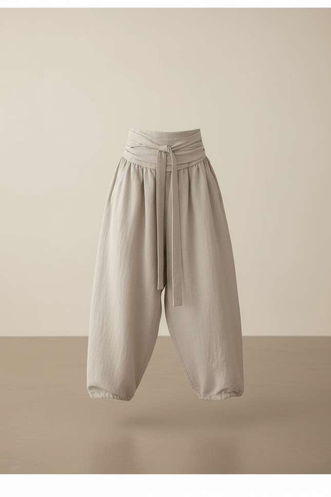 Pantalon Baggy Gris Lin Ample Ceinture Fille - vue 3