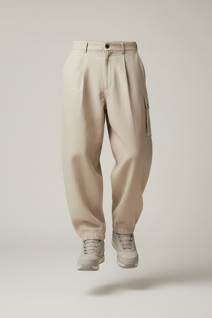 Pantalon Baggy Beige Plissé Ample Chevilles Élastiques Homme - Toile - vue 3
