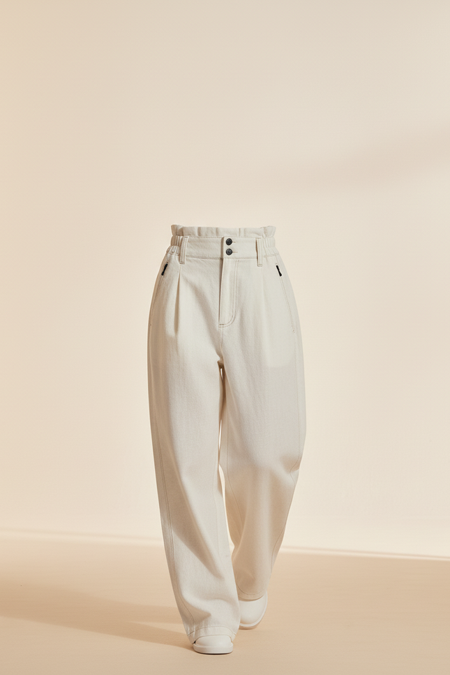 Pantalon Baggy Crème Taille Haute Ample Décontracté - Beige Jean - vue 3