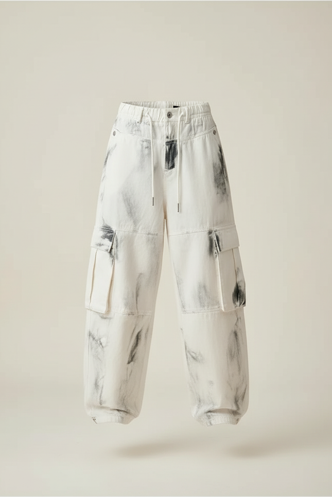 Pantalon Baggy Blanc Jean Ample Cargo Délavé - vue 3