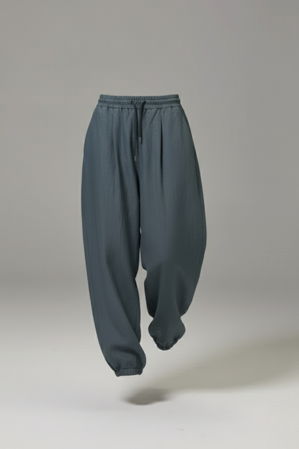 Pantalon Baggy Gris Bleu Lin Ample Fluide Décontracté - vue 3