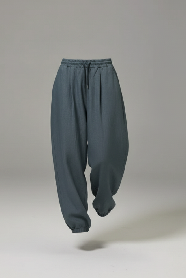 Pantalon Baggy Gris Bleu Lin Ample Fluide Décontracté - vue 3