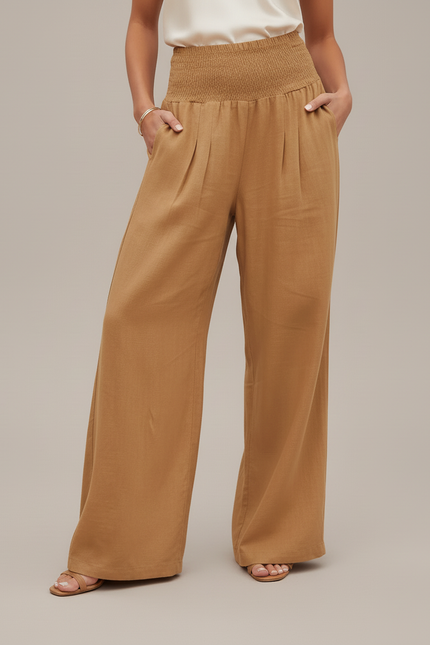 Pantalon Baggy Marron Ample Fluide Smocké Lin - Camel - vue 3