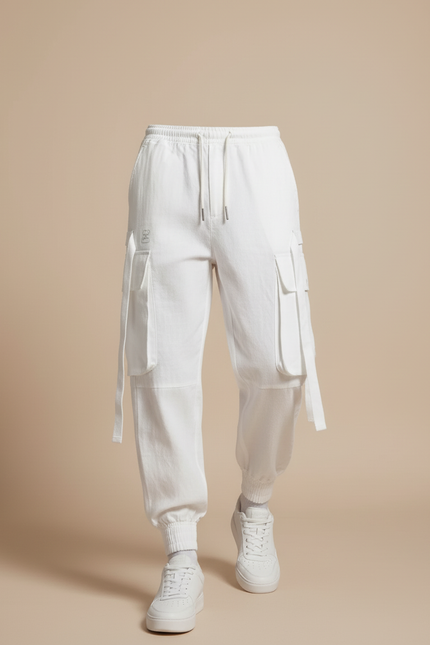 Pantalon Baggy Blanc Cargo Cordon Ample Homme - Lin - vue 3