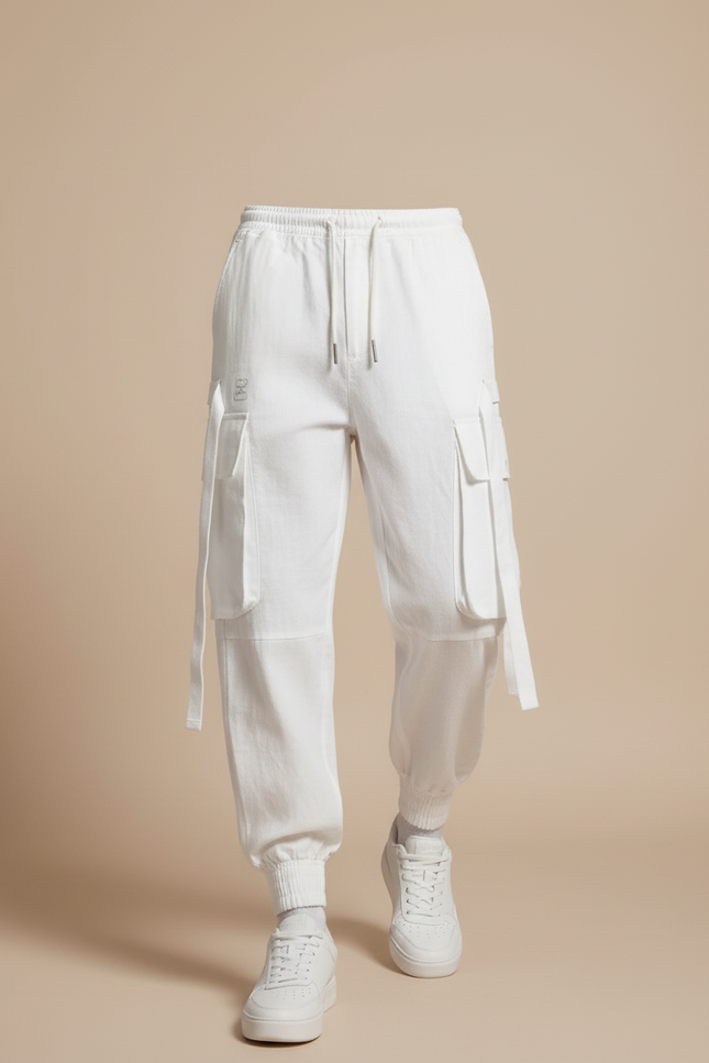 Pantalon Baggy Blanc Cargo Cordon Ample Homme - Lin - vue 3