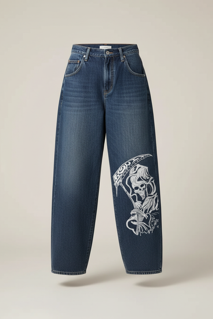 Pantalon Baggy Jean Bleu Ample Brodé Skull Femme - vue 3