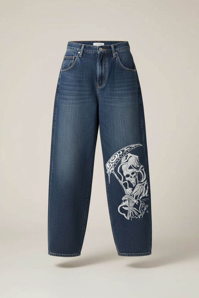 Pantalon Baggy Jean Bleu Ample Brodé Skull Femme - vue 3
