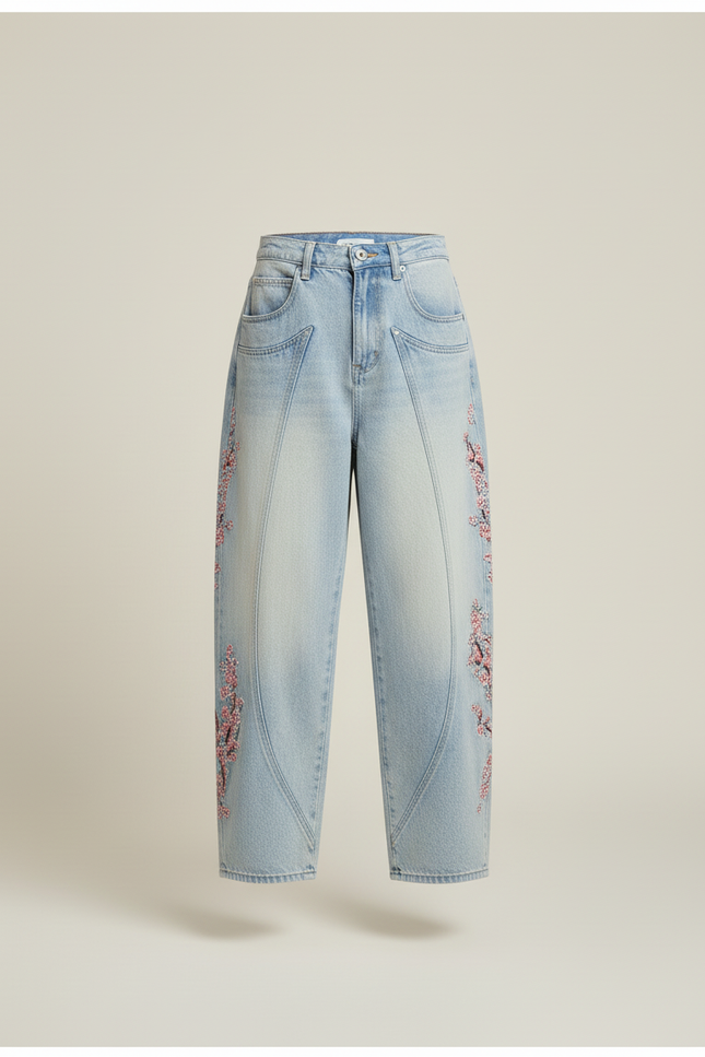 Pantalon Baggy Jean Bleu Brodé Fleurs Ample - vue 3