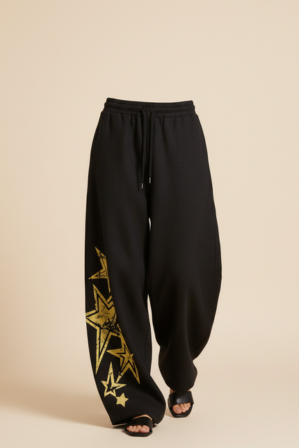 Pantalon Baggy Noir Ample Étoiles Dorées Cordon Femme - Molleton - vue 3