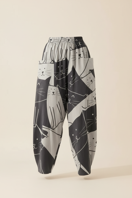 Pantalon Baggy Imprimé Chats Gris Ample Confortable - Coton - vue 3