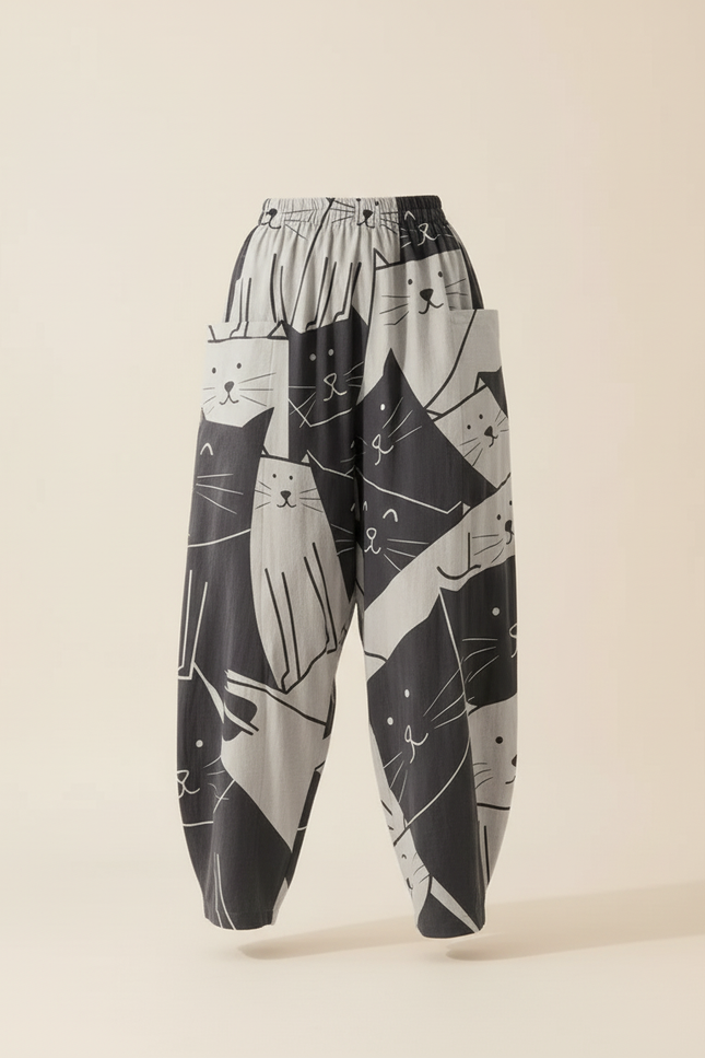 Pantalon Baggy Imprimé Chats Gris Ample Confortable - Coton - vue 3