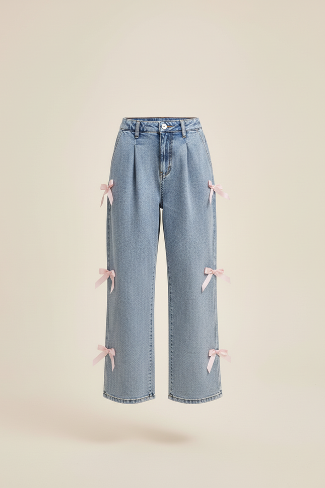 Pantalon Baggy Jean Bleu Clair Ample Nœuds Fille - vue 3