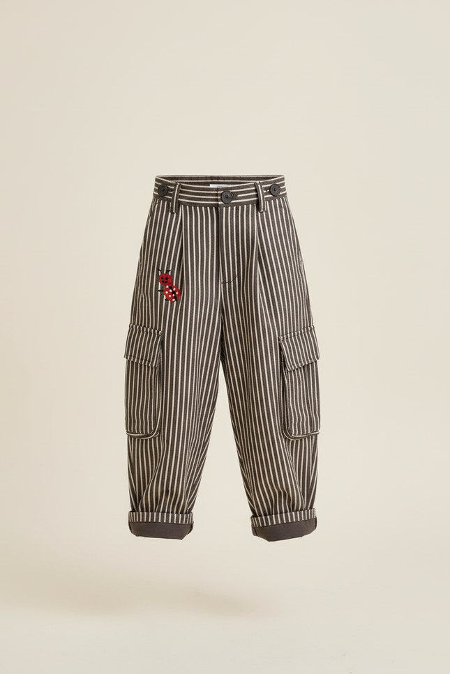 Pantalon Baggy Rayé Cargo Ample Coton Enfant - Marron - vue 3