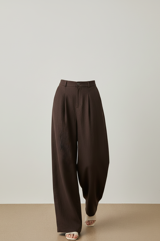 Pantalon Baggy Marron Lin Fluide Plissé Ample - vue 3