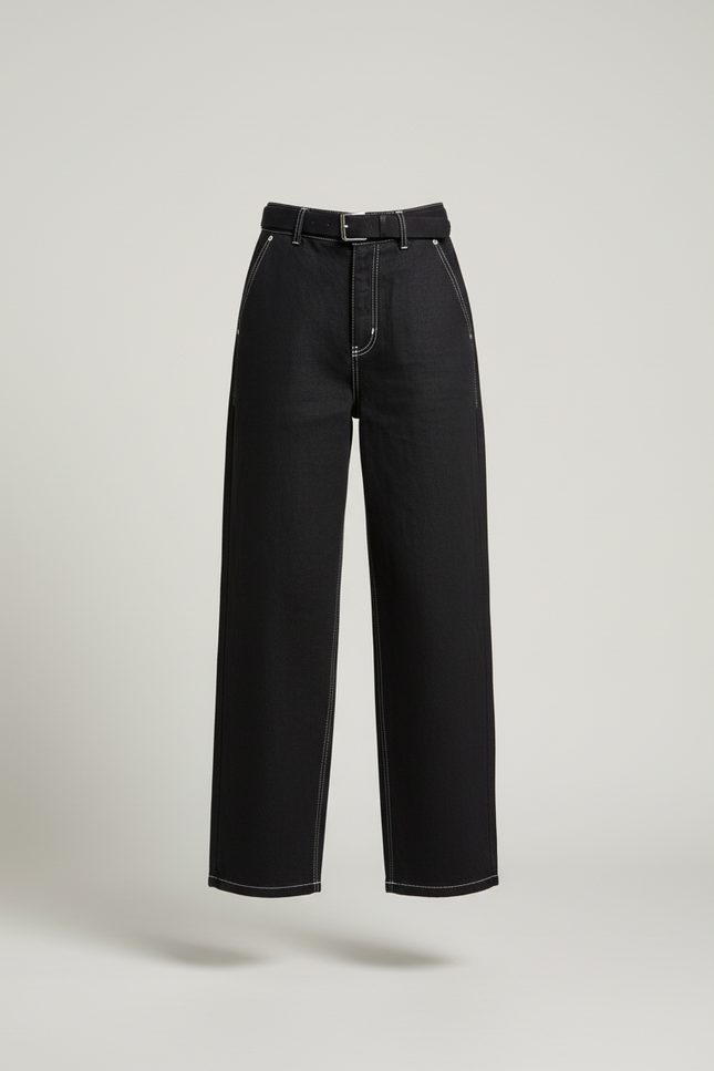 Pantalon Baggy Noir Ample Taille Haute Surpiqûres Femme - Jean - vue 3