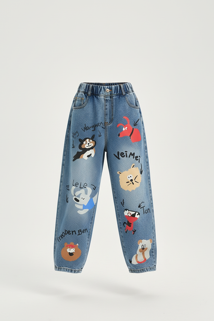 Pantalon Baggy Denim Bleu Ample Imprimé Animaux Fille - Jean - vue 3