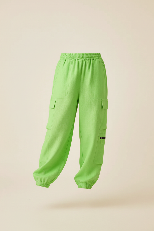 Pantalon Baggy Vert Citron Ample Cargo Enfant - Lin - vue 3