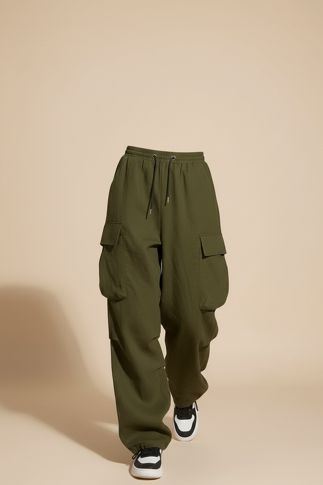 Pantalon Baggy Vert Kaki Ample Cargo Cordon - Toile - vue 3