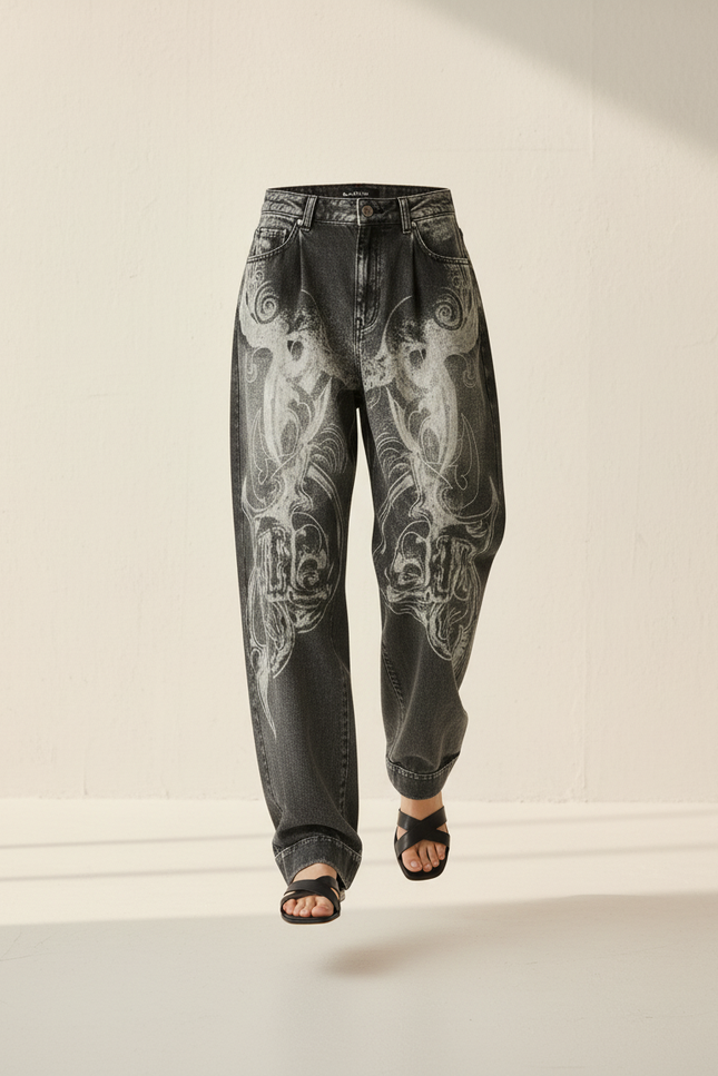 Pantalon Baggy Noir Délavé Brodé Ample Streetwear Y2K - Jean - vue 3