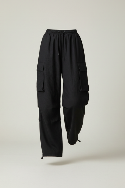 Pantalon Baggy Noir Ample Cargo Taille Haute - Lin - vue 3