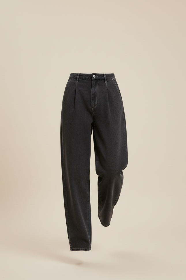 Pantalon Baggy Jean Gris Ample Plissé Décontracté - vue 3